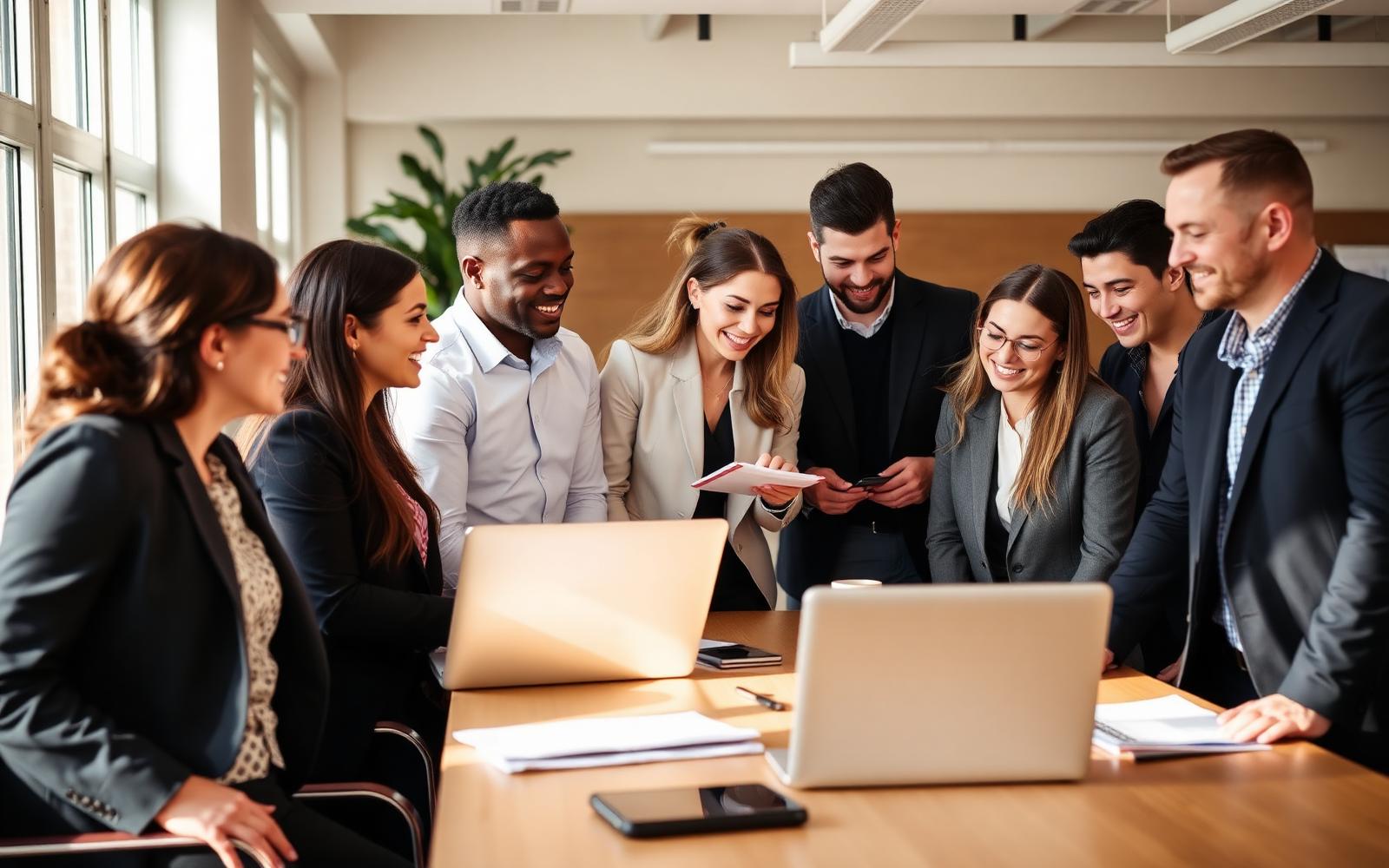 A diverse group of working professionals collaborating in a modern office